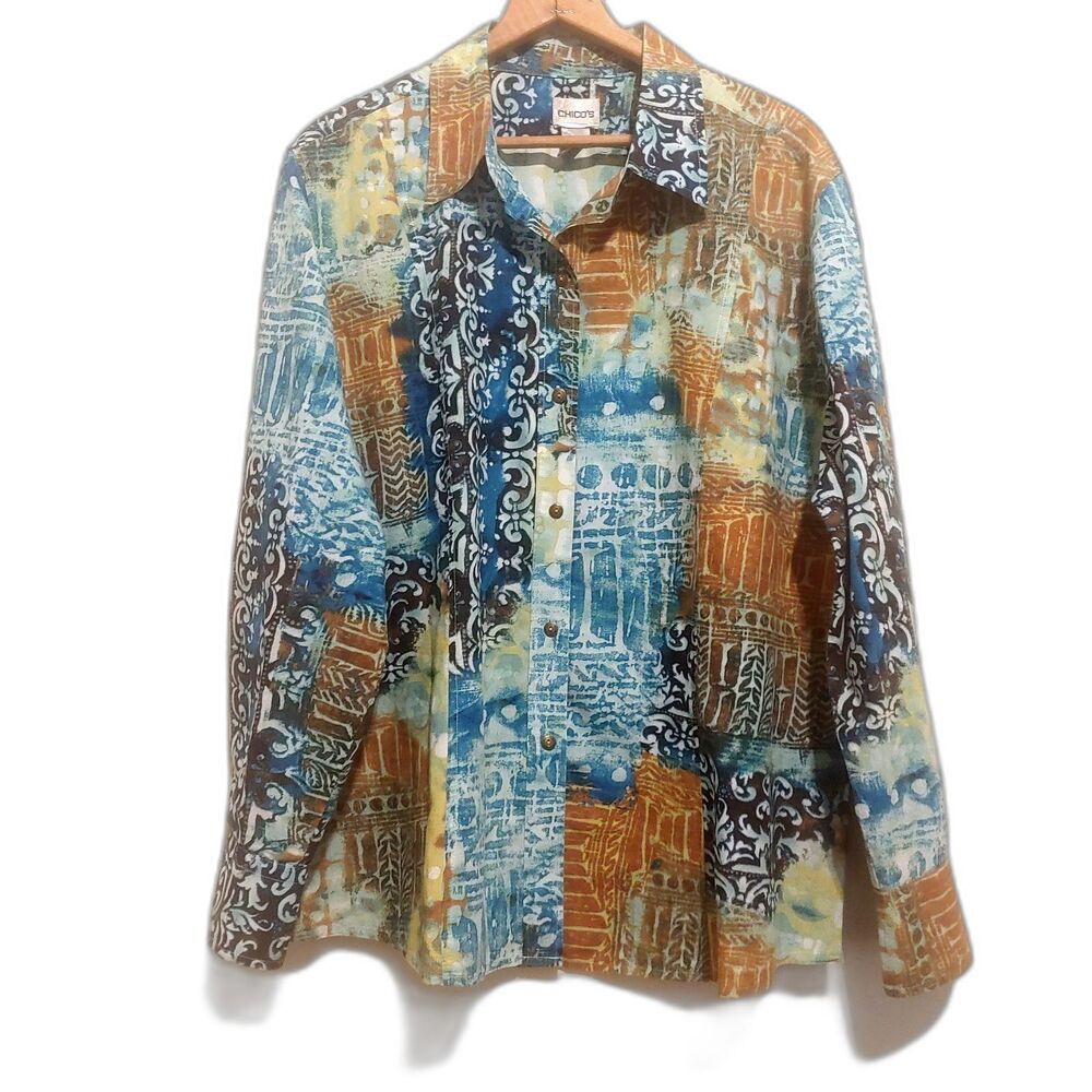 Chico's Top Long Sleeve Button Up Shirt Artsy Fairy Office Size 3 is XL EUC